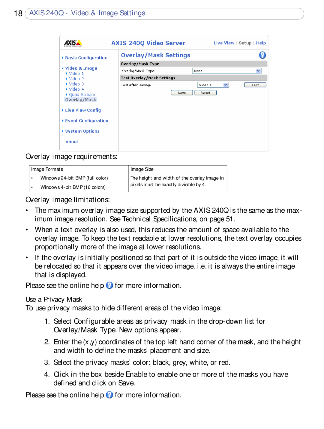 Axis Communications AXIS 240Q user manual Overlay image requirements, Overlay image limitations, Use a Privacy Mask 