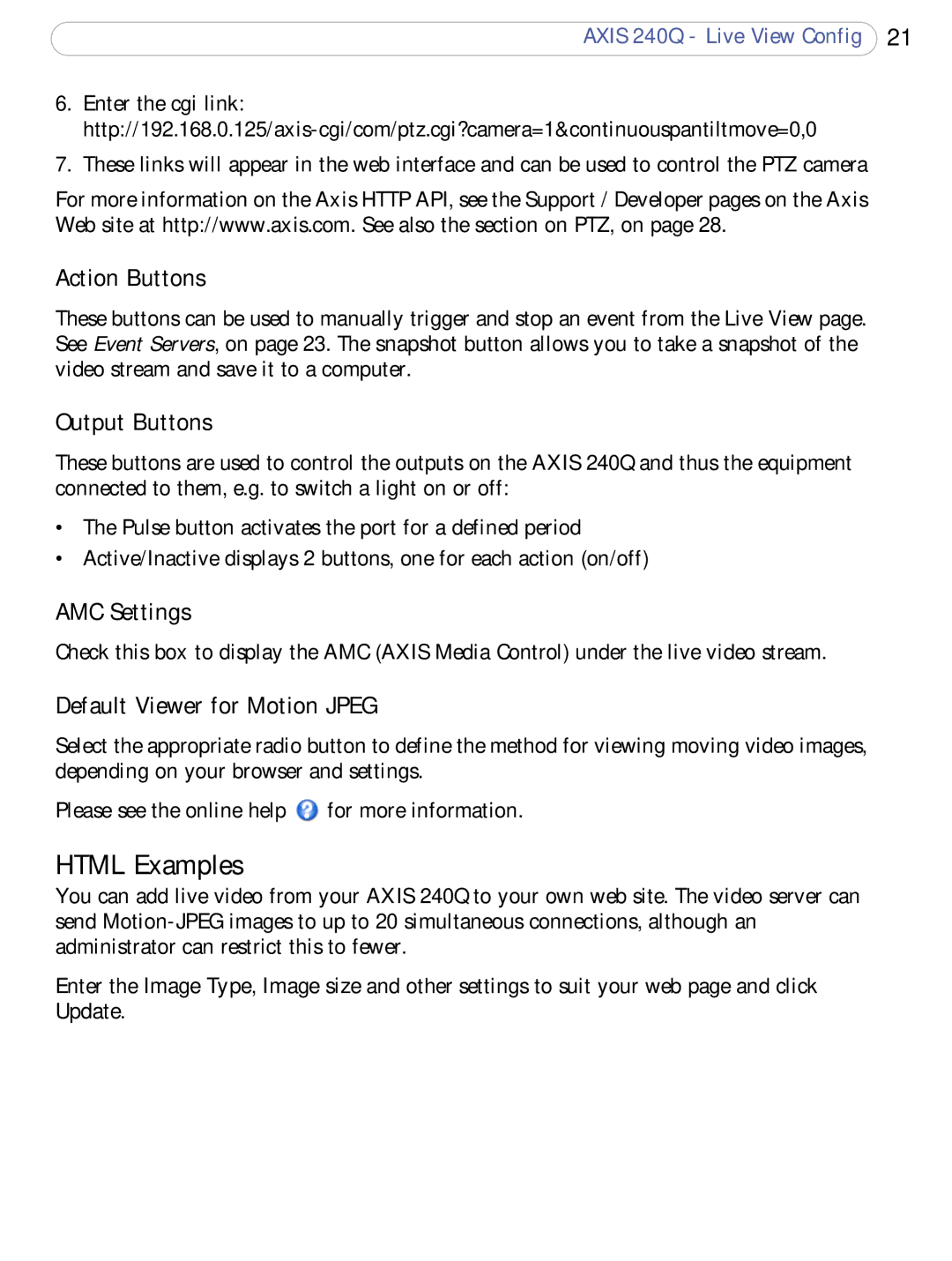 Axis Communications AXIS 240Q Html Examples, Action Buttons, Output Buttons, AMC Settings, Default Viewer for Motion Jpeg 