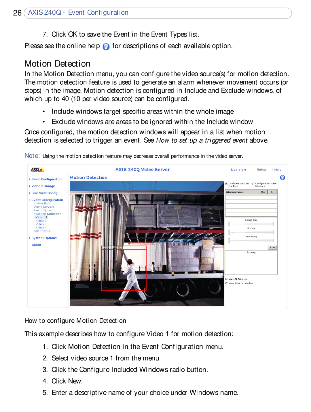 Axis Communications AXIS 240Q How to configure Motion Detection, Click the Configure Included Windows radio button 