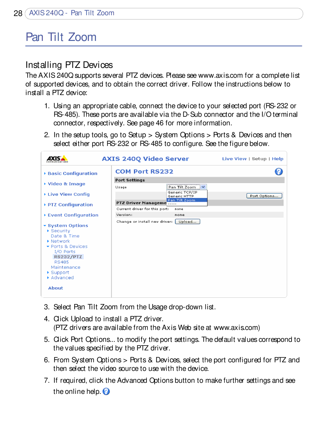 Axis Communications AXIS 240Q user manual Pan Tilt Zoom, Installing PTZ Devices 