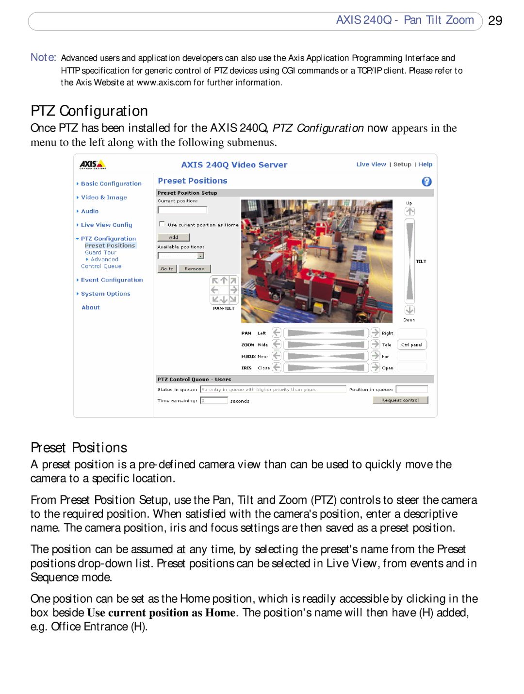 Axis Communications AXIS 240Q user manual PTZ Configuration, Preset Positions 