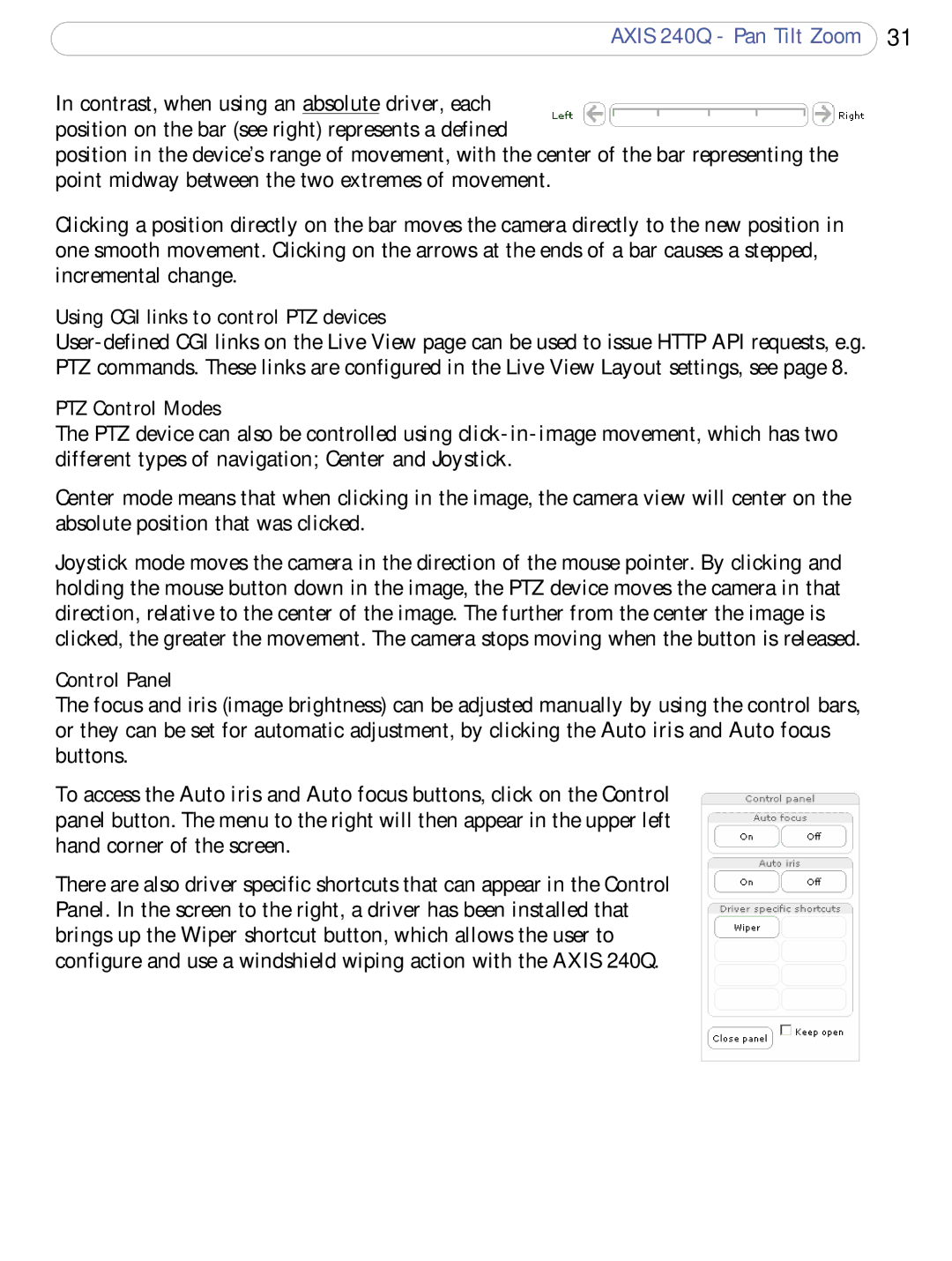 Axis Communications AXIS 240Q user manual Using CGI links to control PTZ devices, PTZ Control Modes, Control Panel 