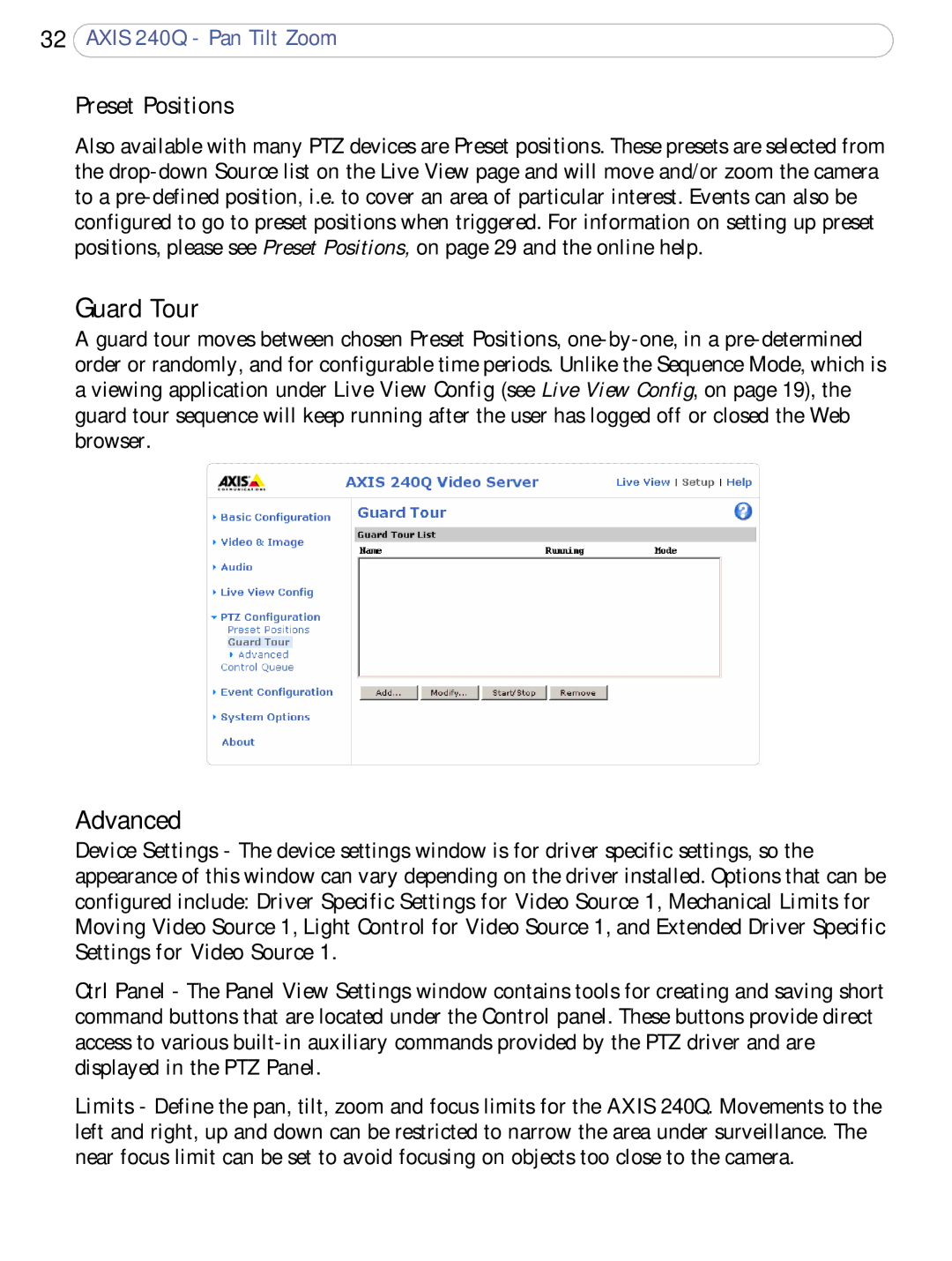 Axis Communications AXIS 240Q user manual Guard Tour, Advanced, Preset Positions 