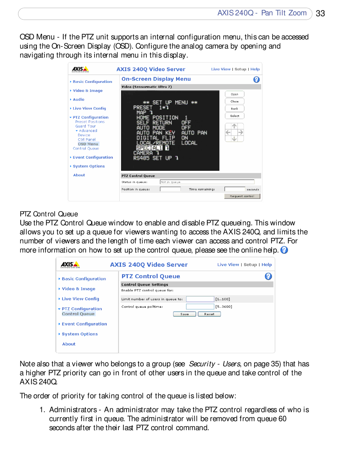 Axis Communications AXIS 240Q user manual PTZ Control Queue 