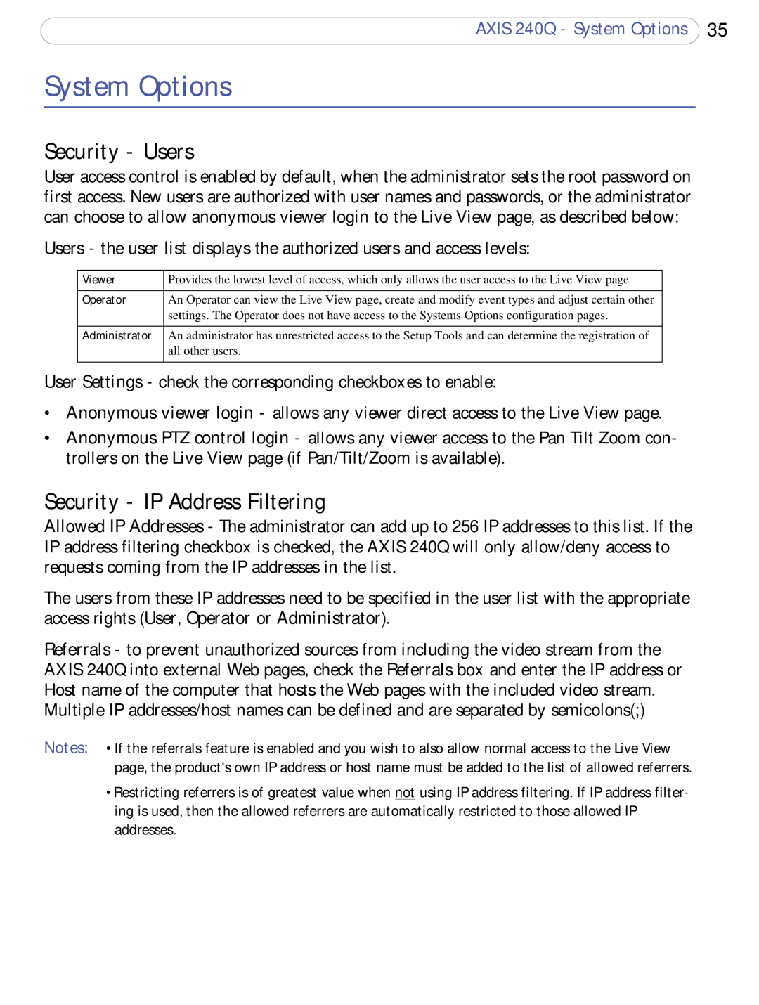 Axis Communications AXIS 240Q user manual System Options, Security Users, Security IP Address Filtering, Viewer, Operator 