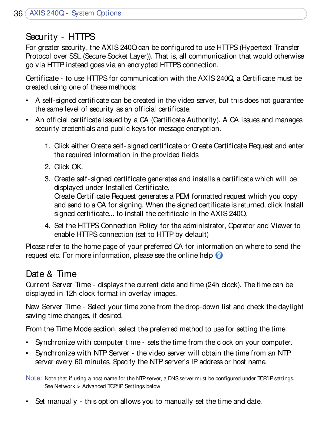Axis Communications AXIS 240Q user manual Security Https, Date & Time 