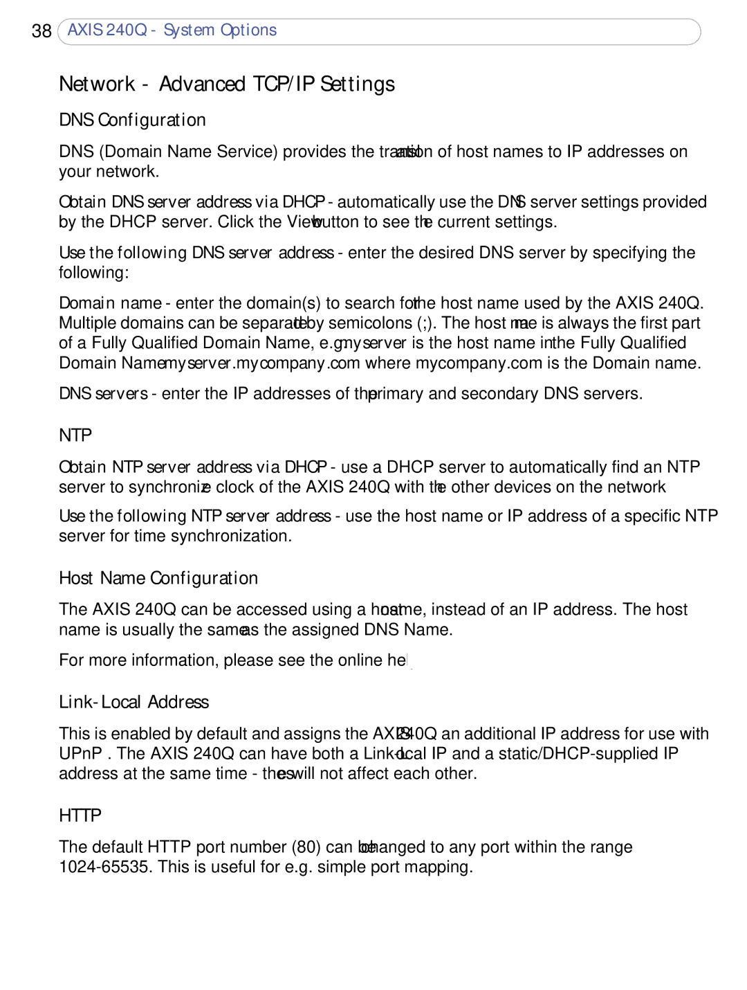 Axis Communications AXIS 240Q user manual Network Advanced TCP/IP Settings, DNS Configuration, Host Name Configuration 