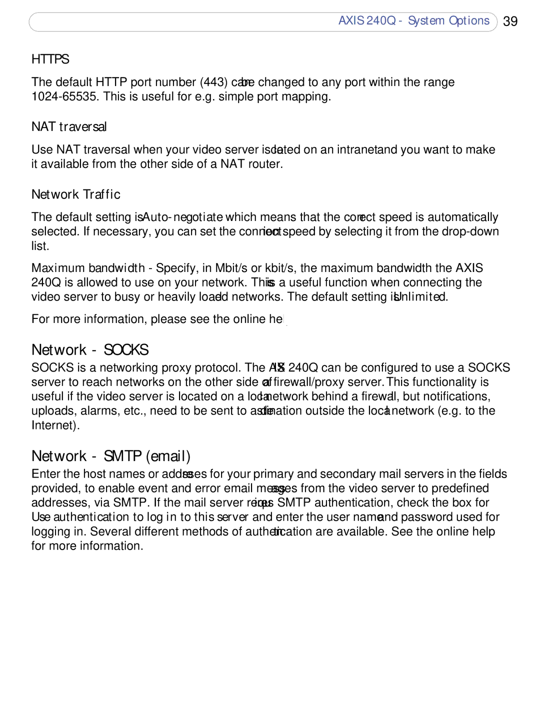 Axis Communications AXIS 240Q user manual Network Socks, Network Smtp email, NAT traversal, Network Traffic 