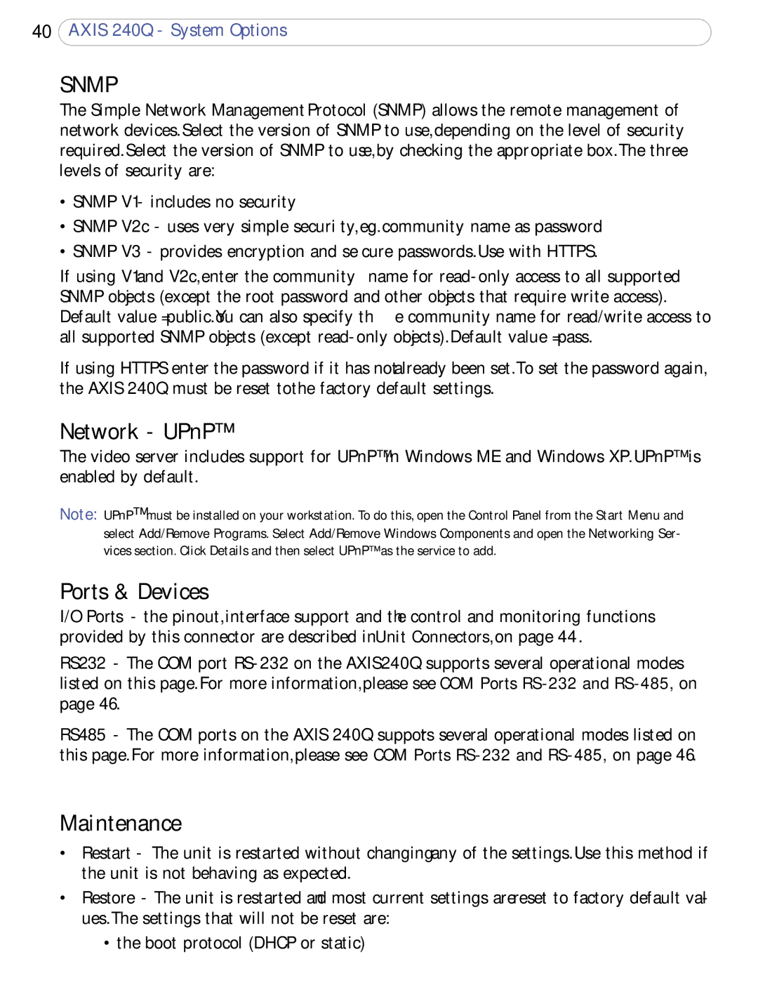 Axis Communications AXIS 240Q user manual Network UPnP, Ports & Devices, Maintenance 