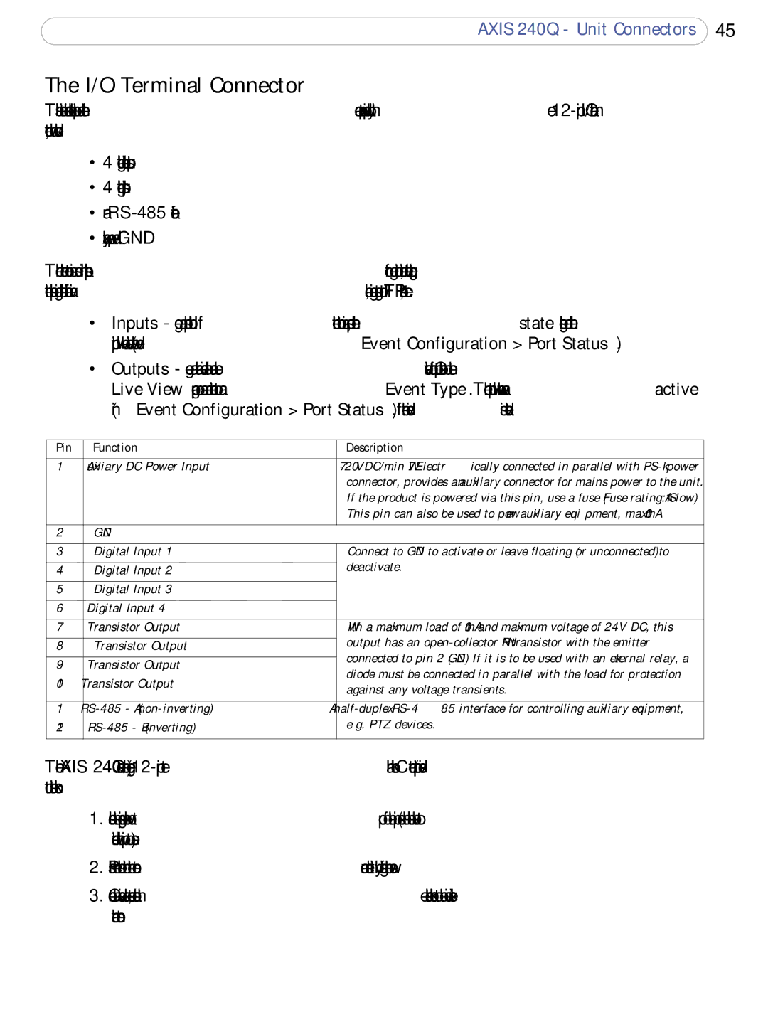 Axis Communications AXIS 240Q user manual I/O Terminal Connector, Pin Function Description 