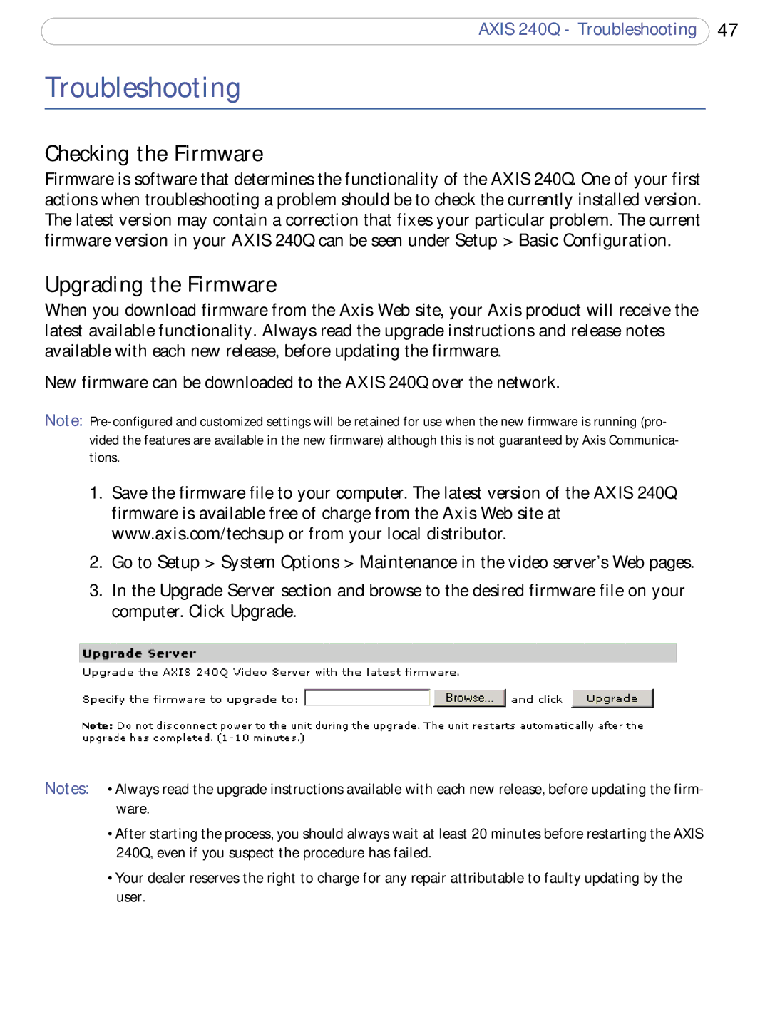 Axis Communications AXIS 240Q user manual Troubleshooting, Checking the Firmware, Upgrading the Firmware 