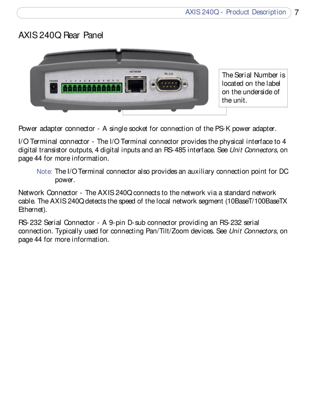 Axis Communications AXIS 240Q user manual Axis 240Q Rear Panel 