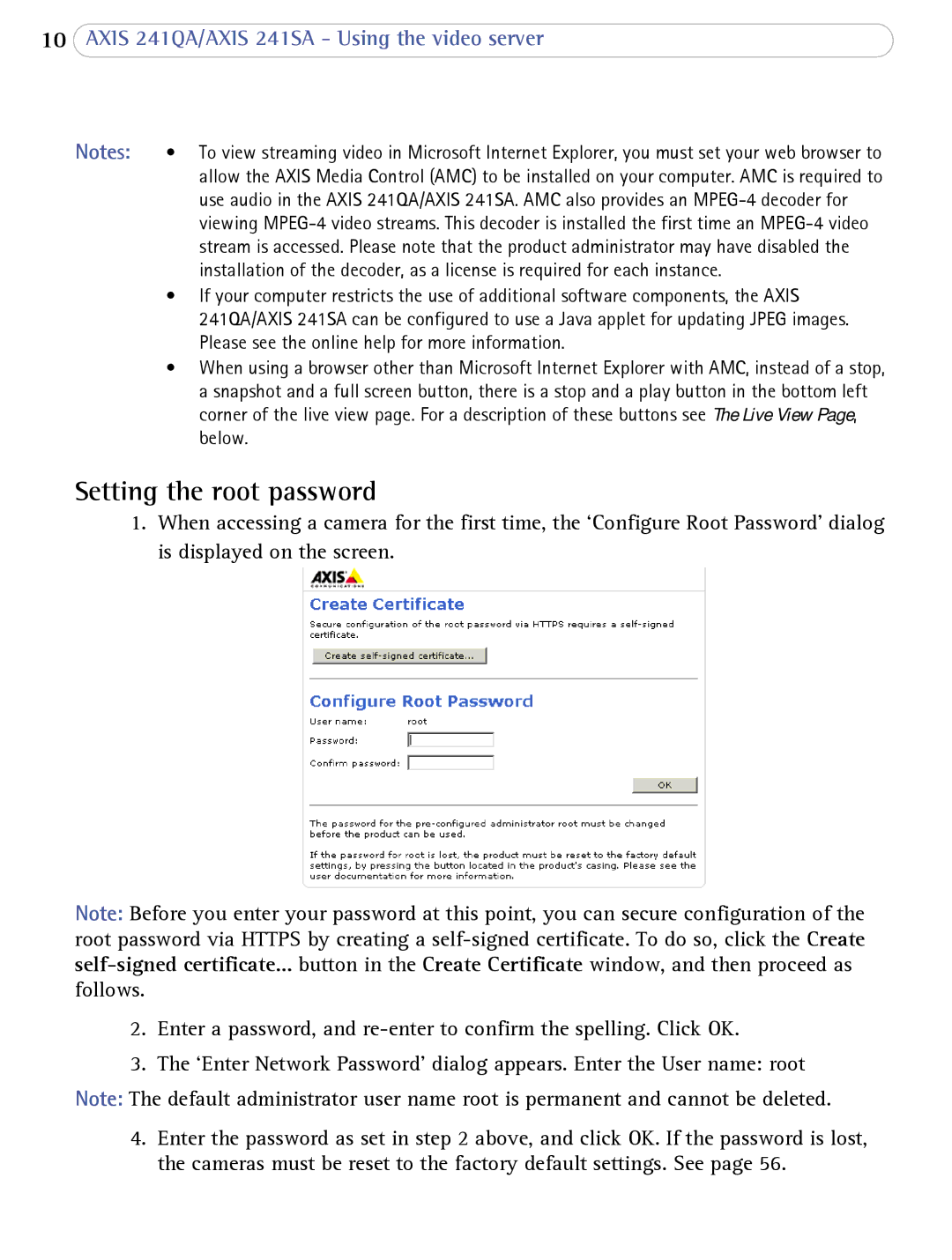 Axis Communications AXIS 241SA user manual Setting the root password, Please see the online help for more information 