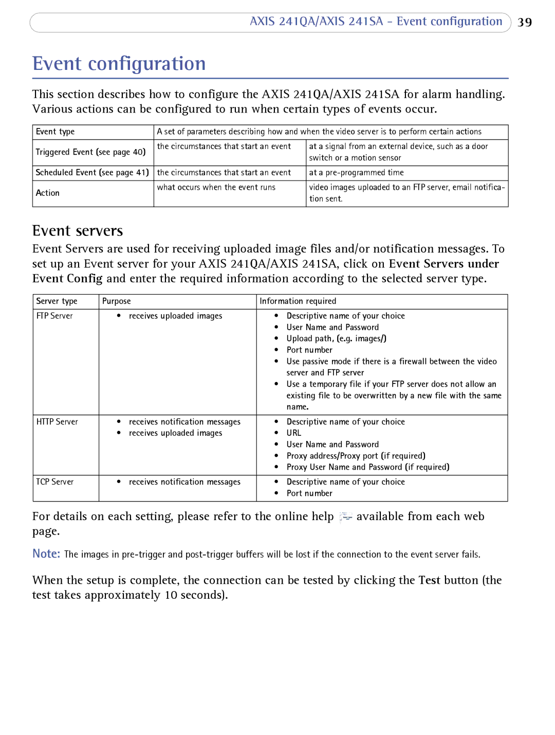 Axis Communications AXIS 241SA user manual Event configuration, Event servers 