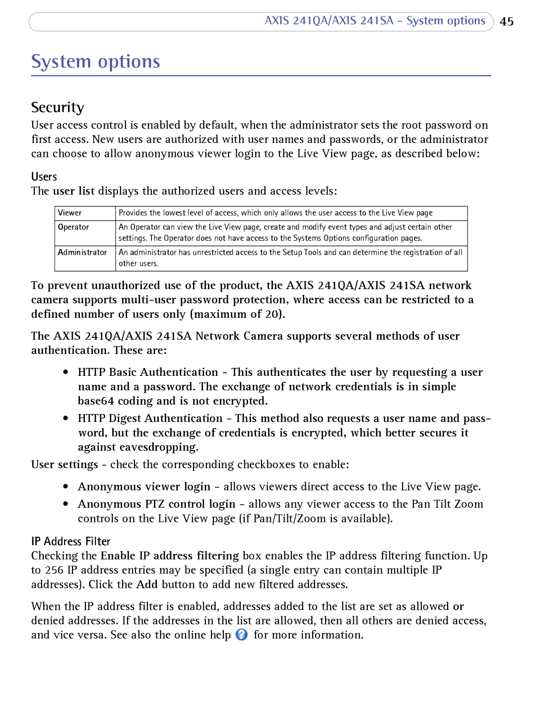 Axis Communications AXIS 241SA user manual System options, Security, Users, IP Address Filter 