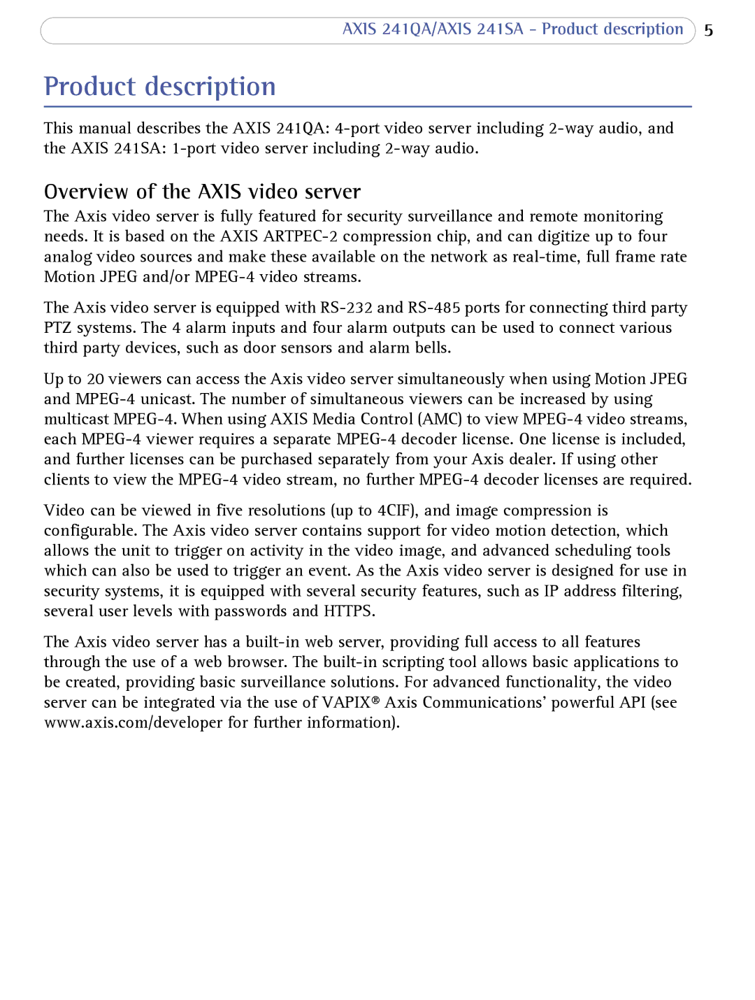 Axis Communications AXIS 241SA user manual Product description, Overview of the Axis video server 