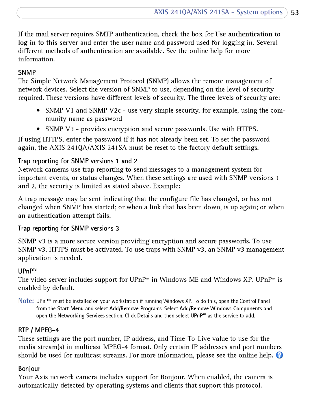 Axis Communications AXIS 241SA user manual Snmp, RTP / MPEG-4 