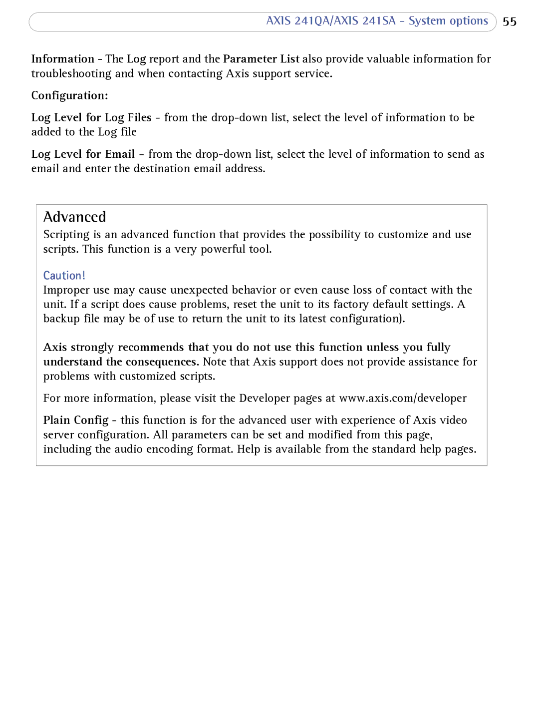 Axis Communications AXIS 241SA user manual Advanced, Configuration 