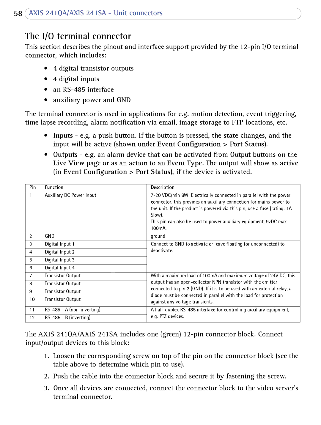 Axis Communications AXIS 241SA user manual I/O terminal connector, Pin Function Description 