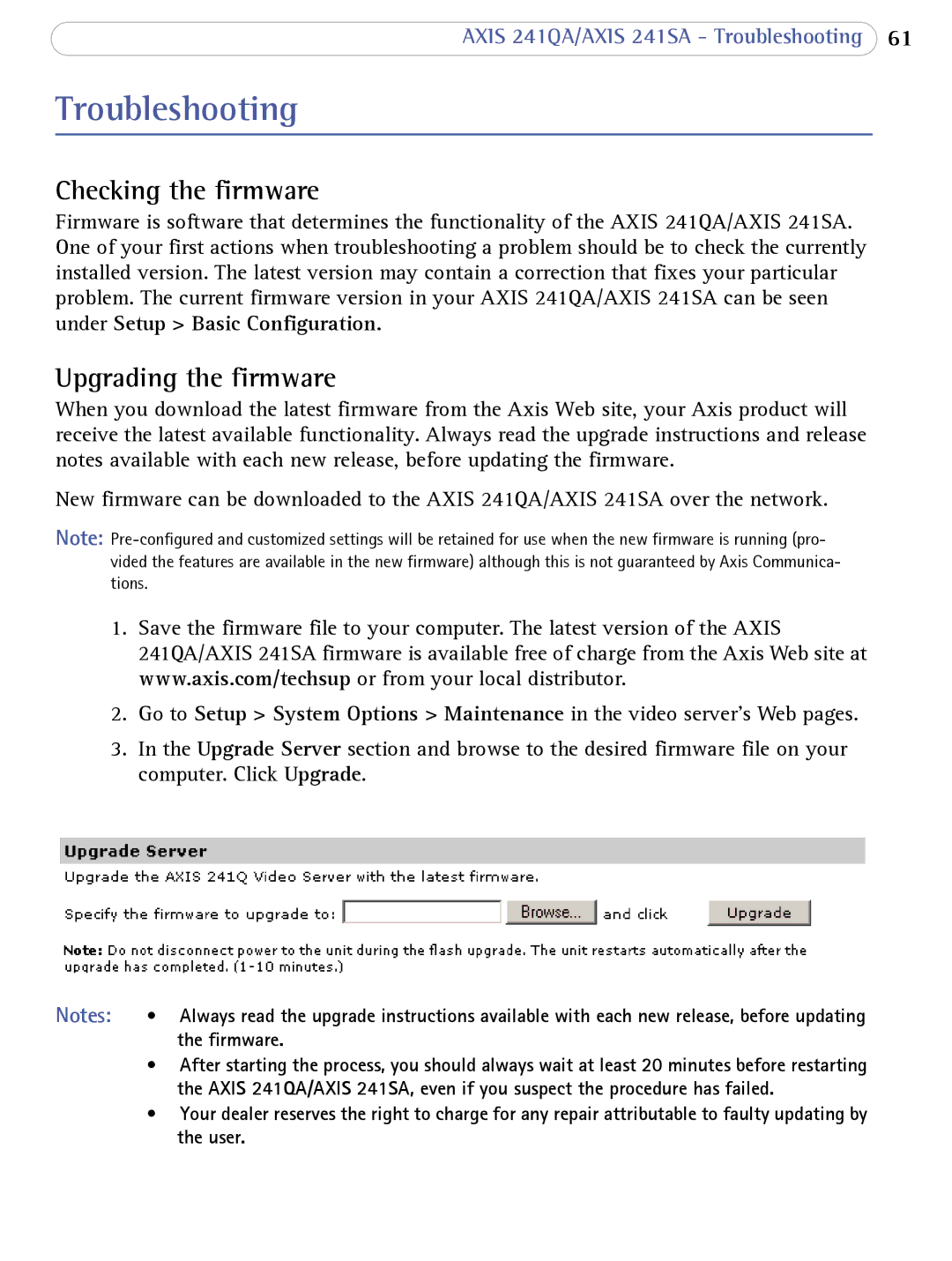 Axis Communications AXIS 241SA user manual Troubleshooting, Checking the firmware, Upgrading the firmware 