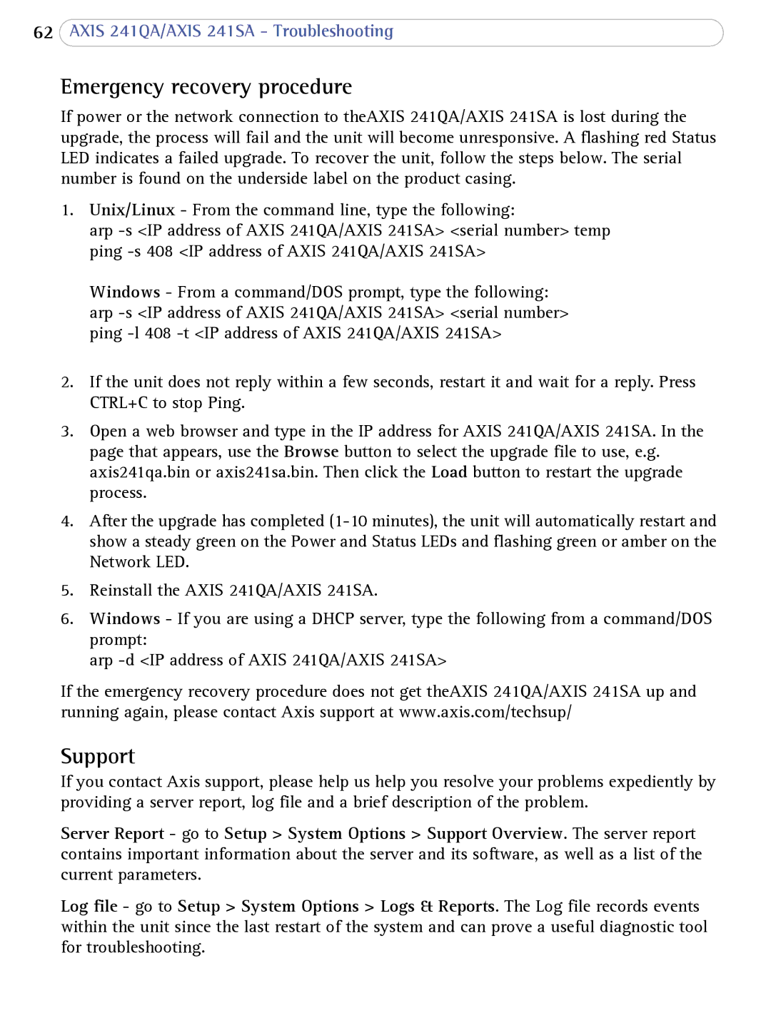 Axis Communications AXIS 241SA user manual Emergency recovery procedure, Support 