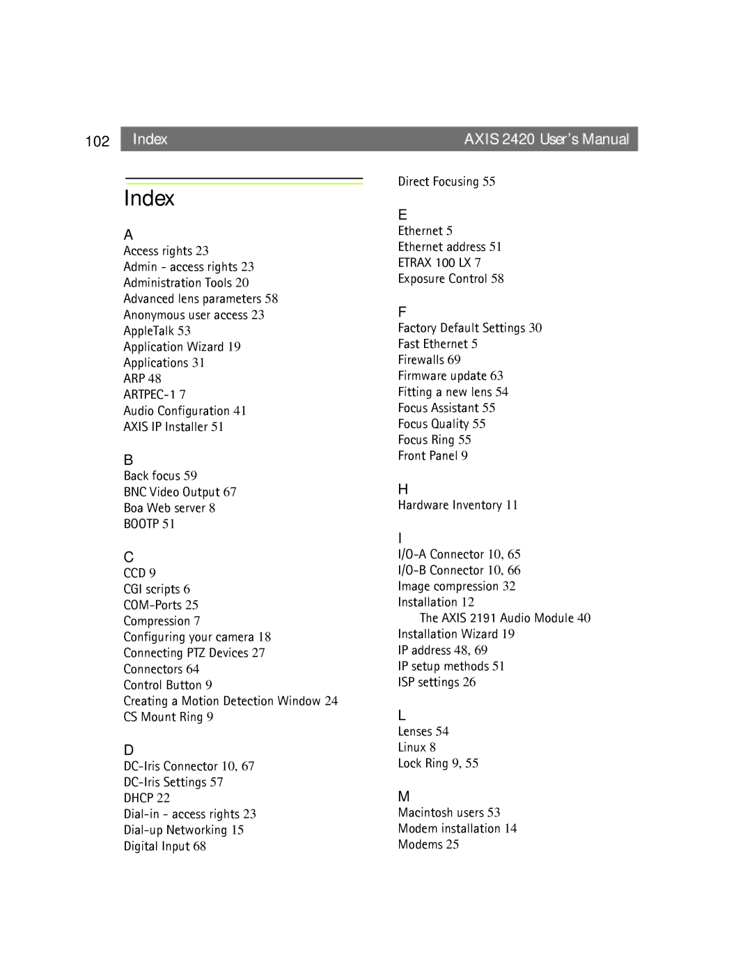 Axis Communications AXIS 2420 user manual Index, Bootp CCD 