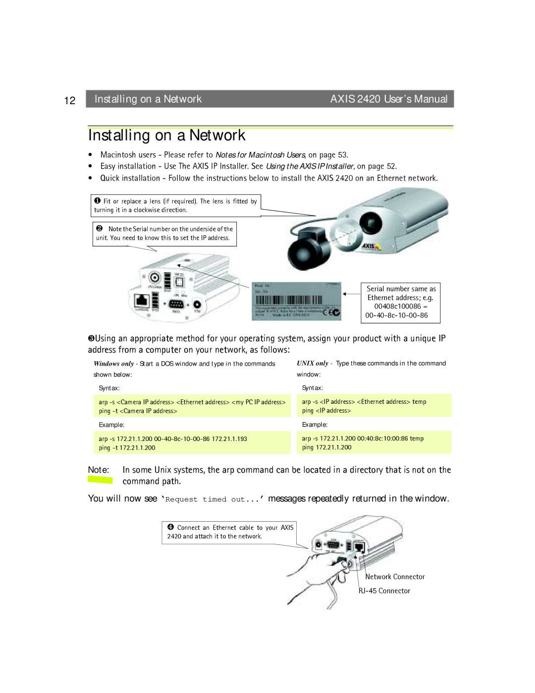 Axis Communications AXIS 2420 user manual Installing on a Network, Shown below Window Syntax, Example 