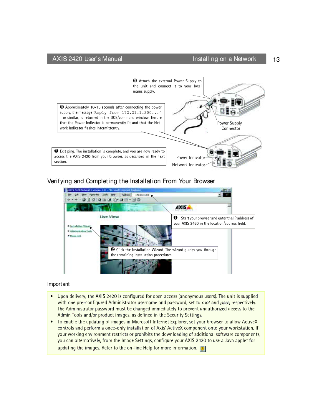 Axis Communications AXIS 2420 user manual Verifying and Completing the Installation From Your Browser, Section 