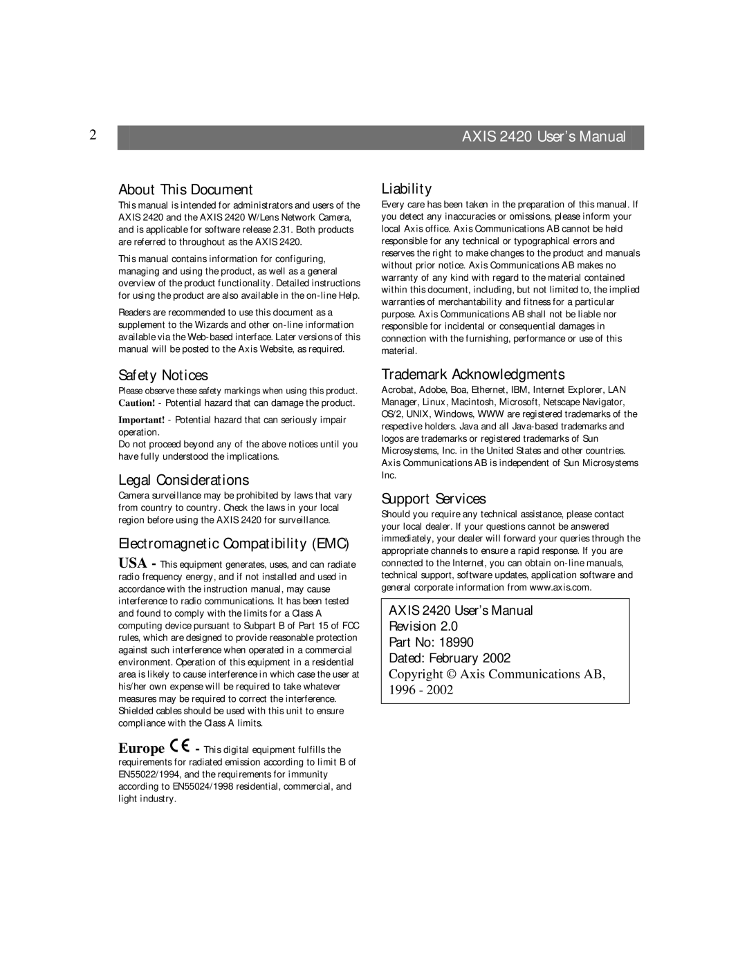 Axis Communications AXIS 2420 About This Document, Safety Notices, Legal Considerations, Electromagnetic Compatibility EMC 