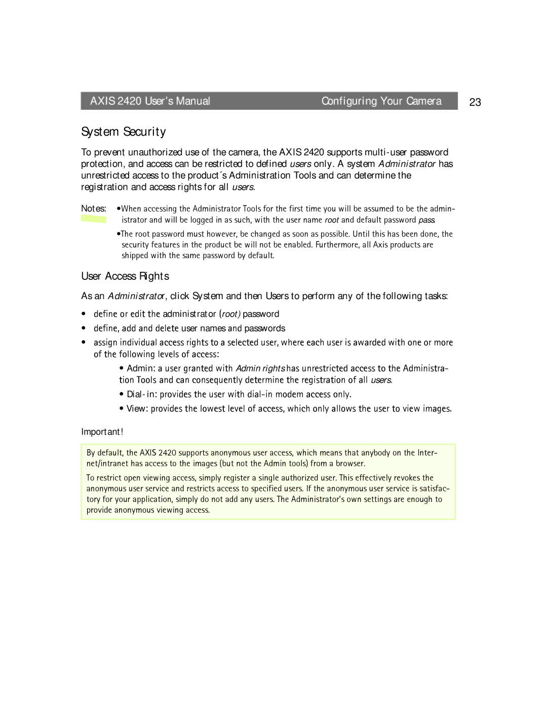 Axis Communications AXIS 2420 user manual System Security, User Access Rights 