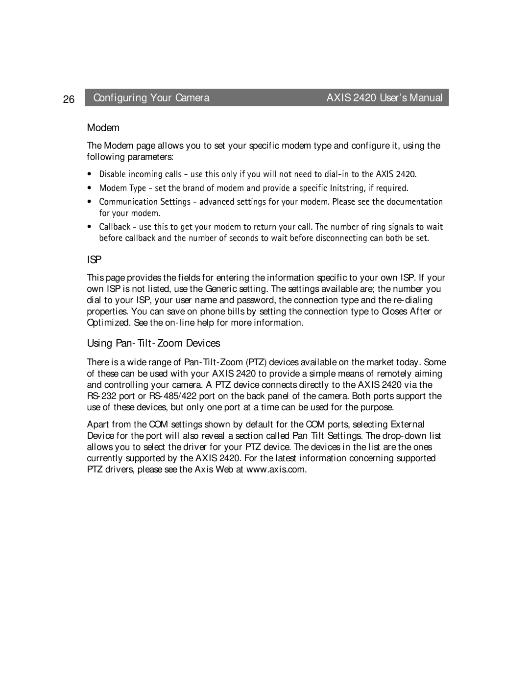 Axis Communications AXIS 2420 user manual Using Pan-Tilt-Zoom Devices, Modem 