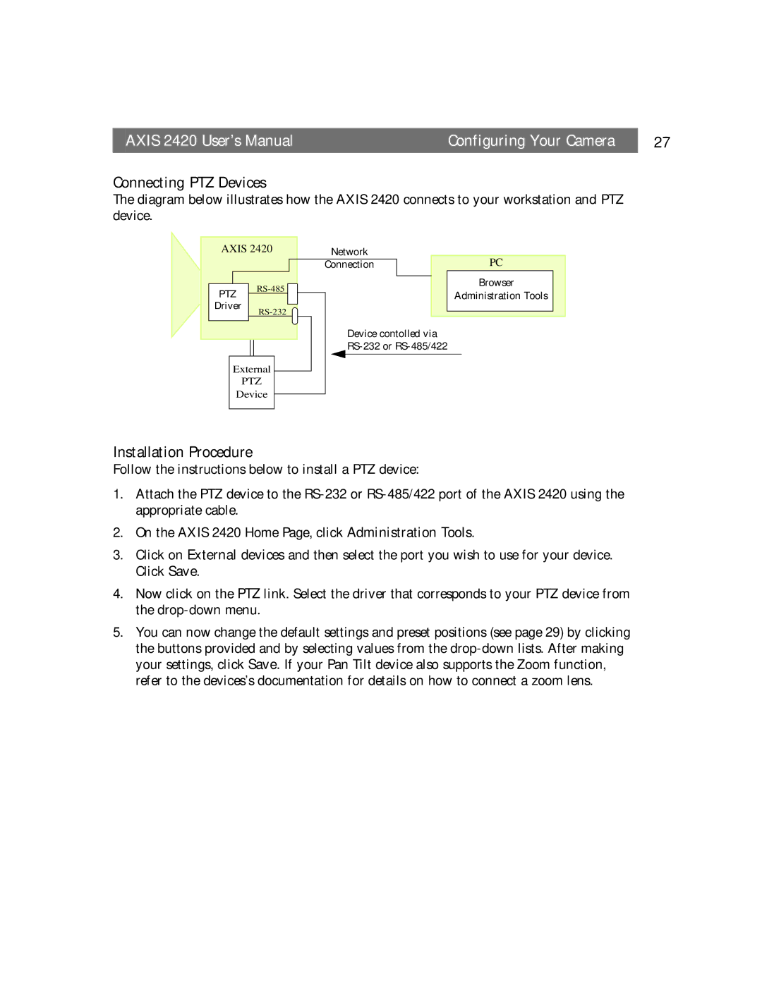 Axis Communications AXIS 2420 user manual Connecting PTZ Devices, Installation Procedure, Driver 