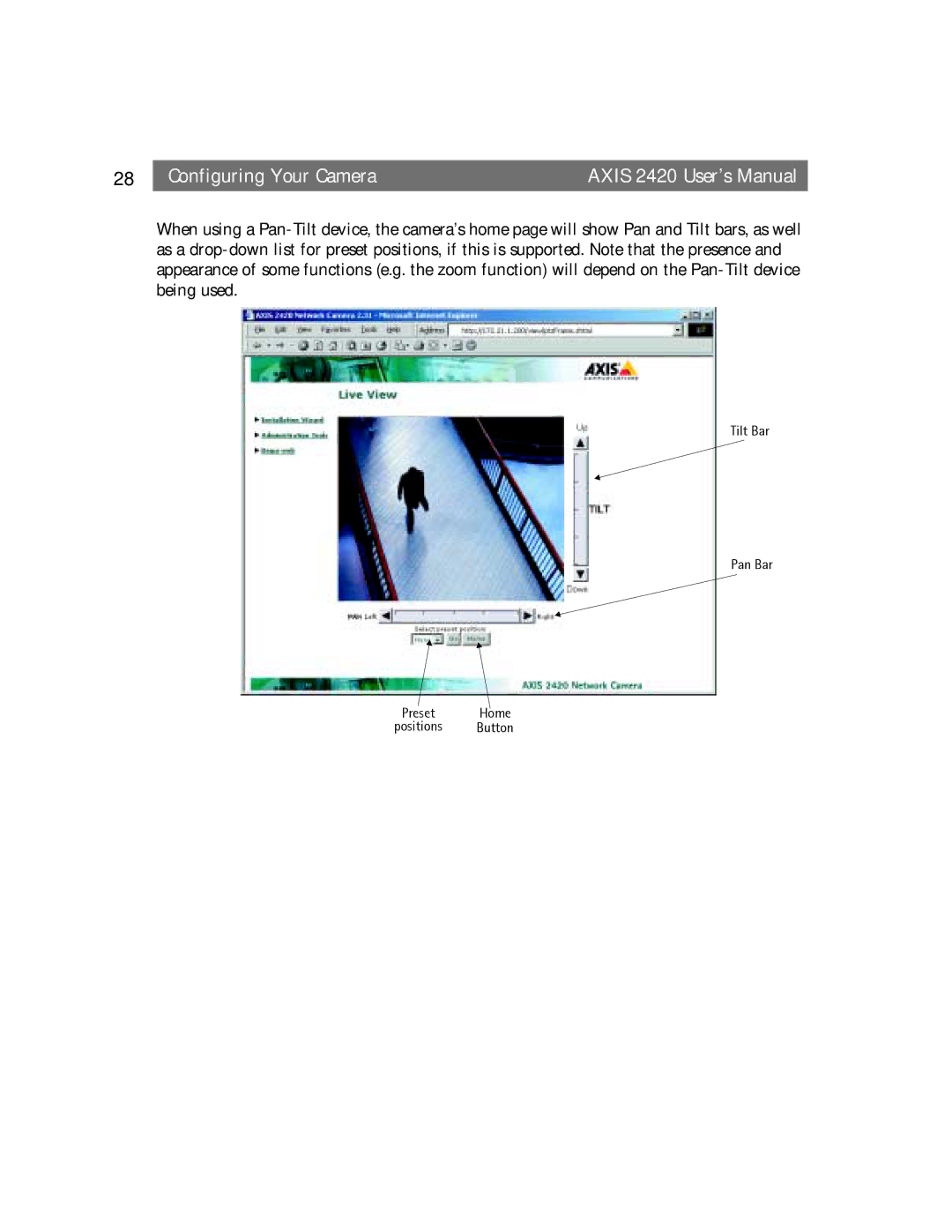 Axis Communications AXIS 2420 user manual Tilt Bar Pan Bar Preset Home Positions Button 