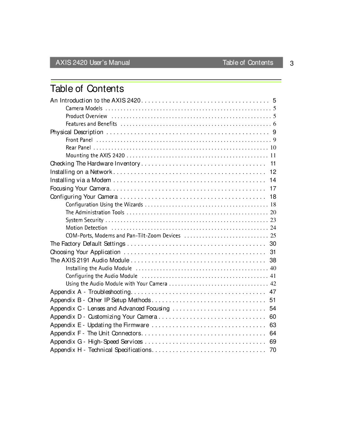 Axis Communications AXIS 2420 user manual Table of Contents 