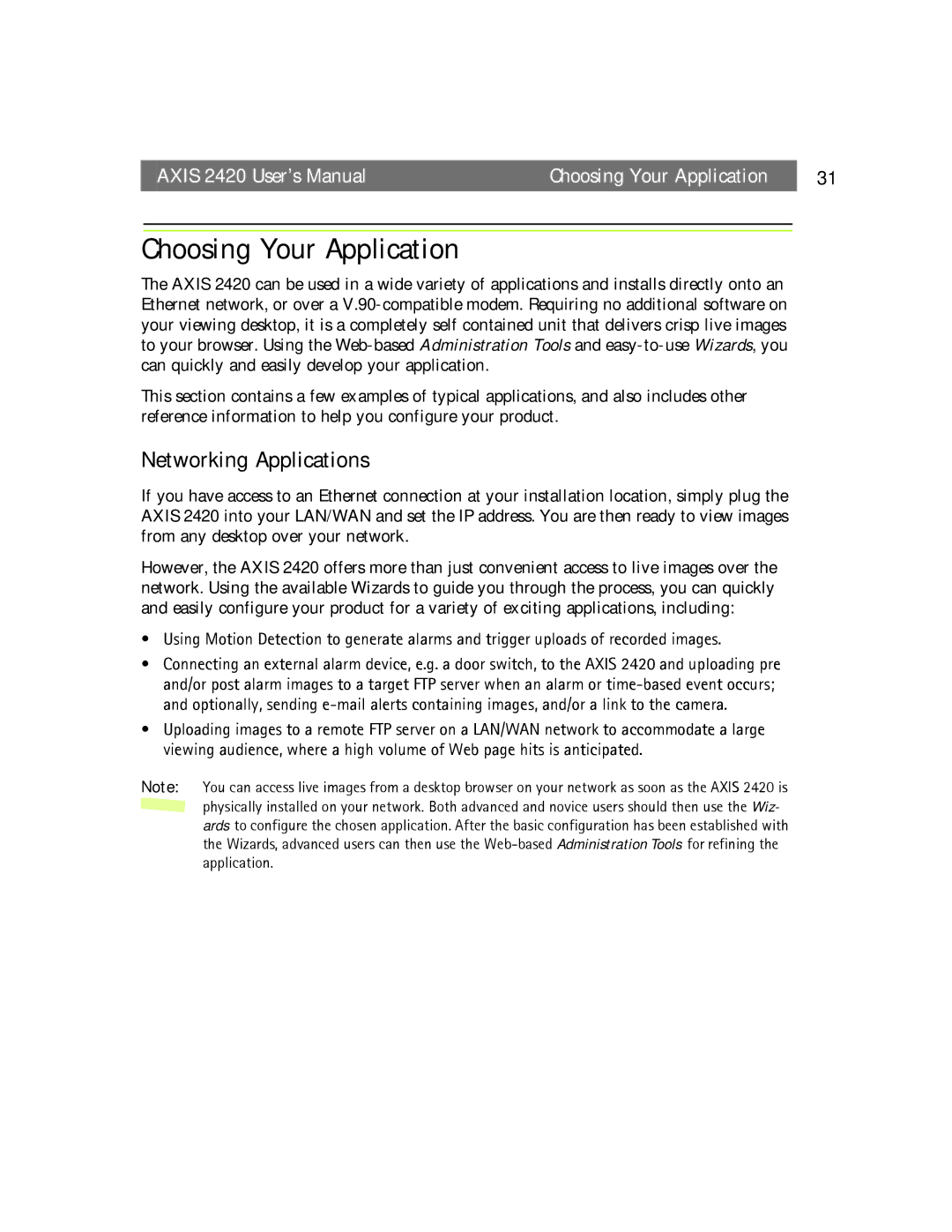 Axis Communications AXIS 2420 user manual Choosing Your Application, Networking Applications 