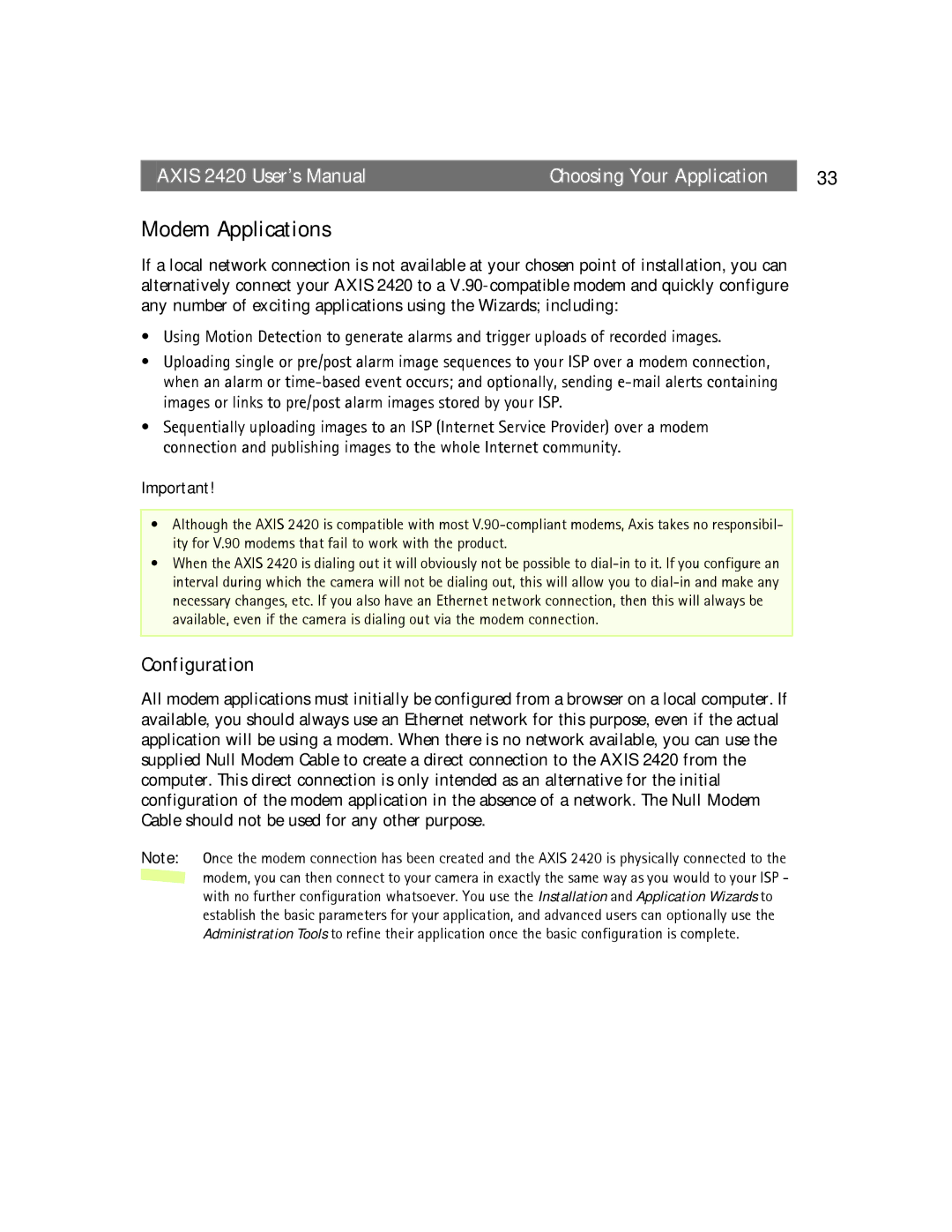 Axis Communications AXIS 2420 user manual Modem Applications, Configuration 