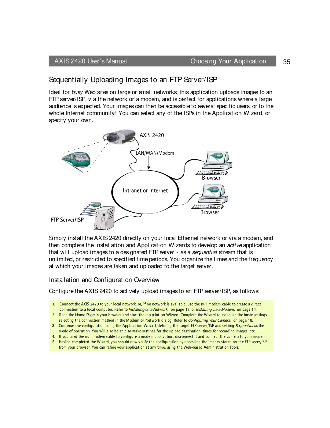 Axis Communications AXIS 2420 Sequentially Uploading Images to an FTP Server/ISP, Installation and Configuration Overview 