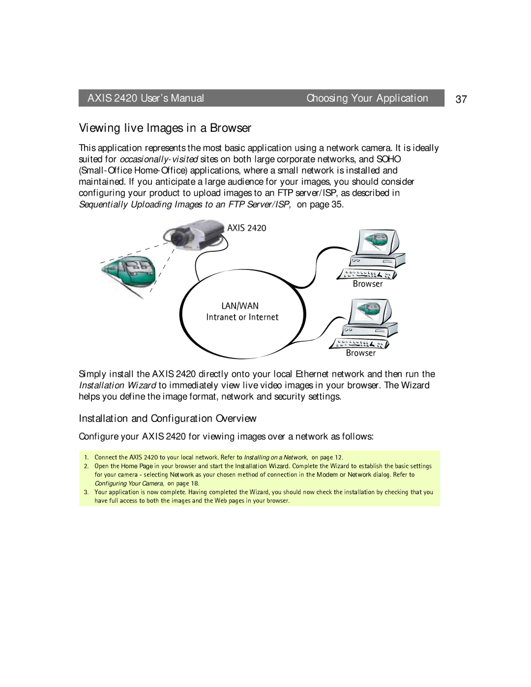 Axis Communications AXIS 2420 user manual Viewing live Images in a Browser, Lan/Wan 