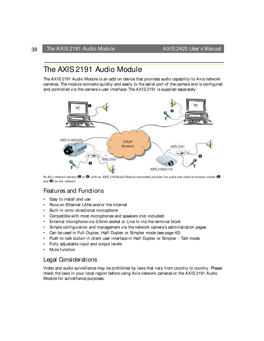 Axis Communications AXIS 2420 user manual Axis 2191 Audio Module, Features and Functions, Legal Considerations 