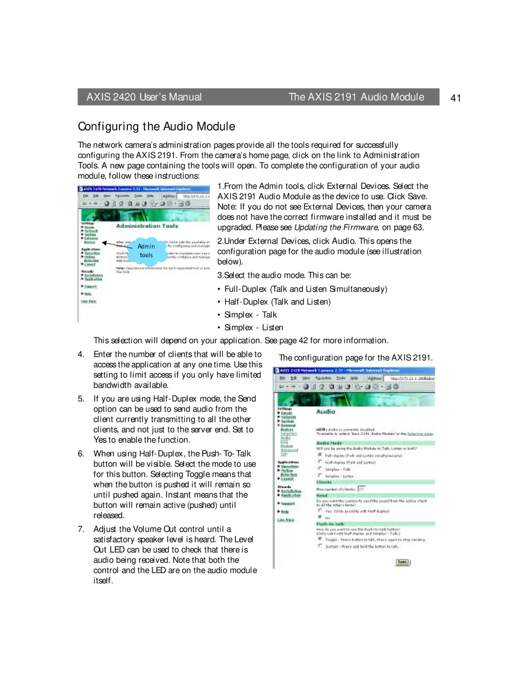 Axis Communications AXIS 2420 user manual Configuring the Audio Module, Admin Tools 