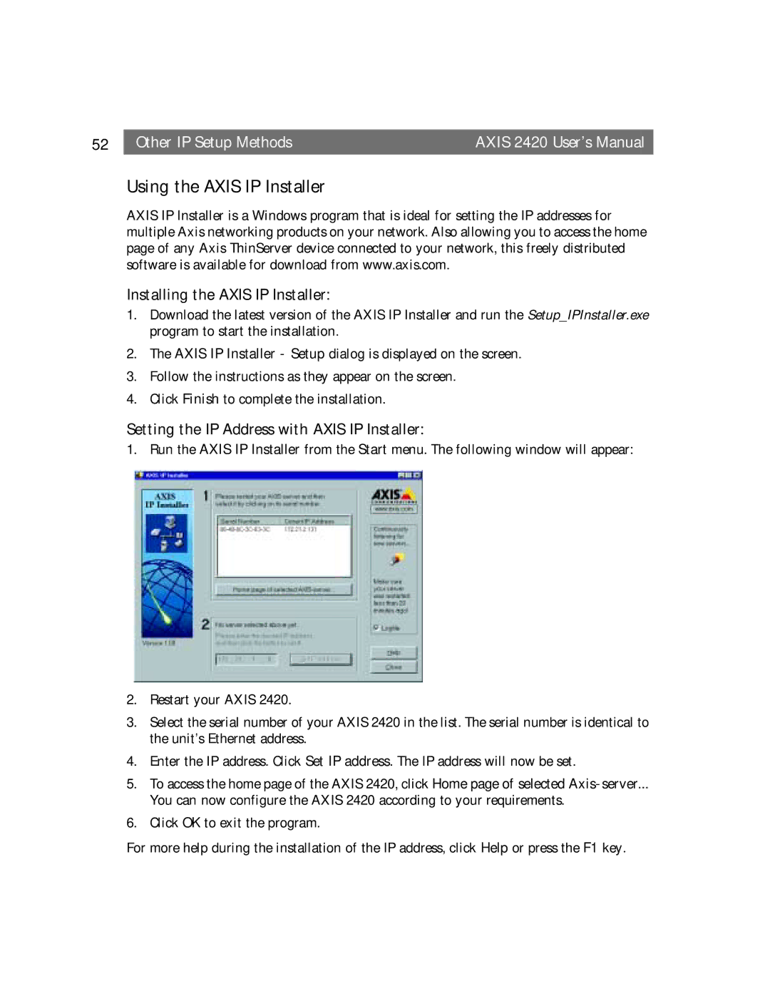 Axis Communications AXIS 2420 user manual Using the Axis IP Installer, Installing the Axis IP Installer 