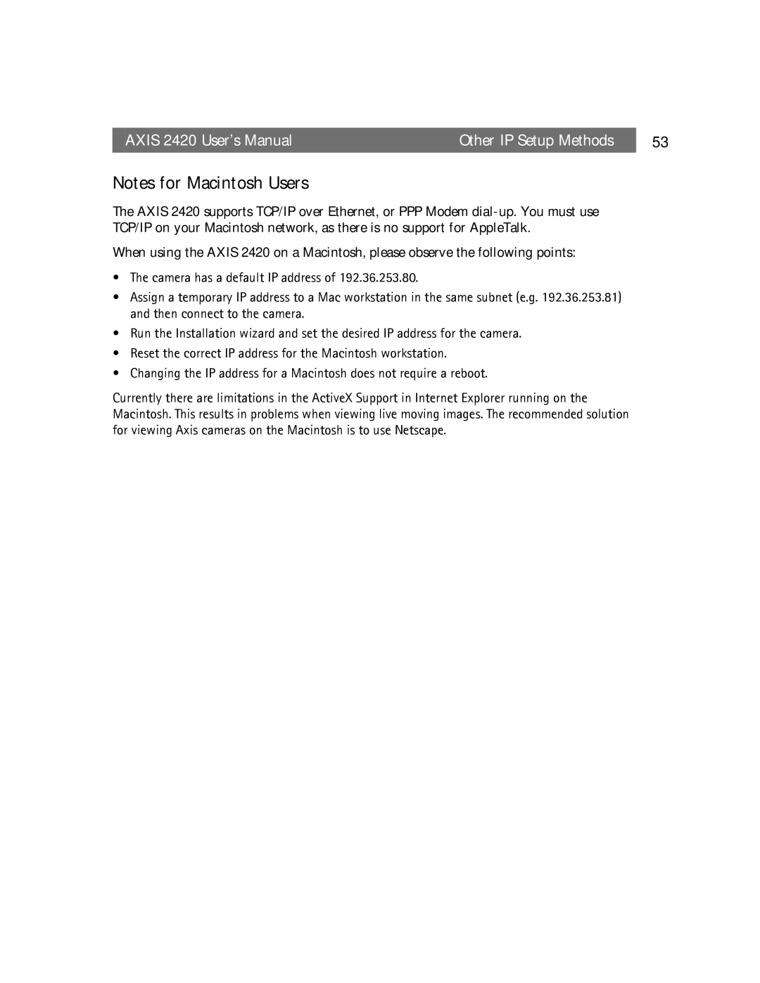 Axis Communications AXIS 2420 user manual Axis 2420 User’s Manual Other IP Setup Methods 