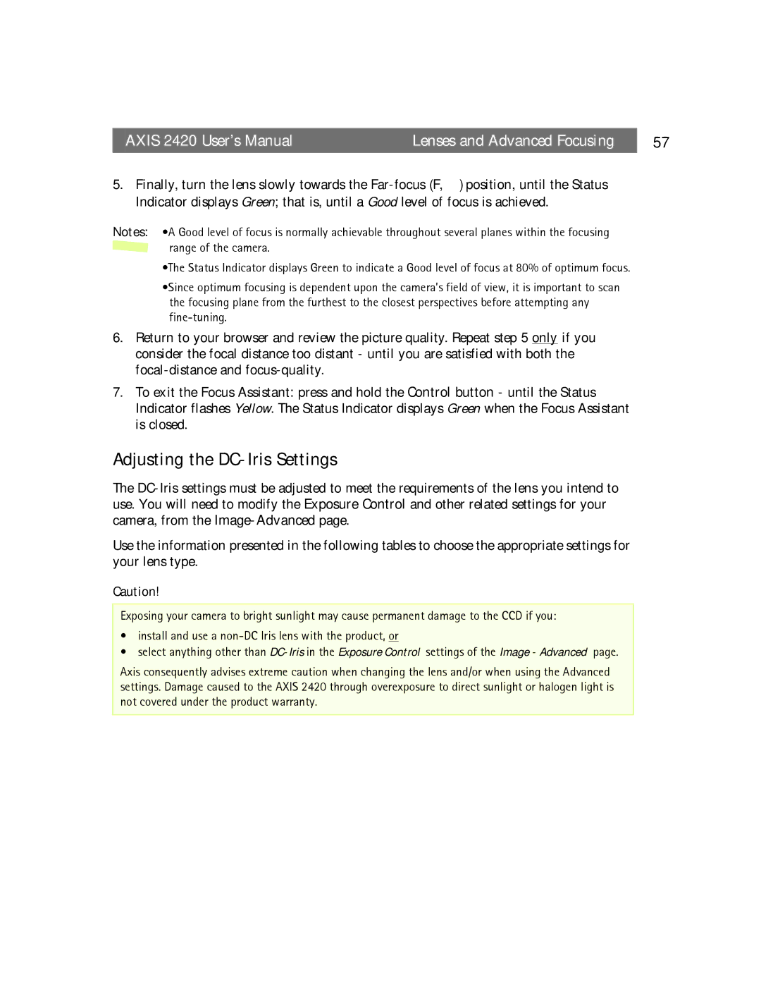 Axis Communications AXIS 2420 user manual Adjusting the DC-Iris Settings 