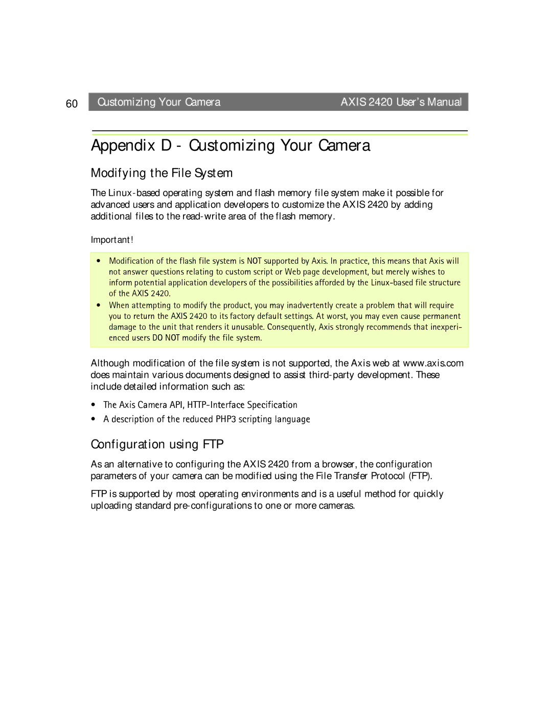 Axis Communications AXIS 2420 Appendix D Customizing Your Camera, Modifying the File System, Configuration using FTP 