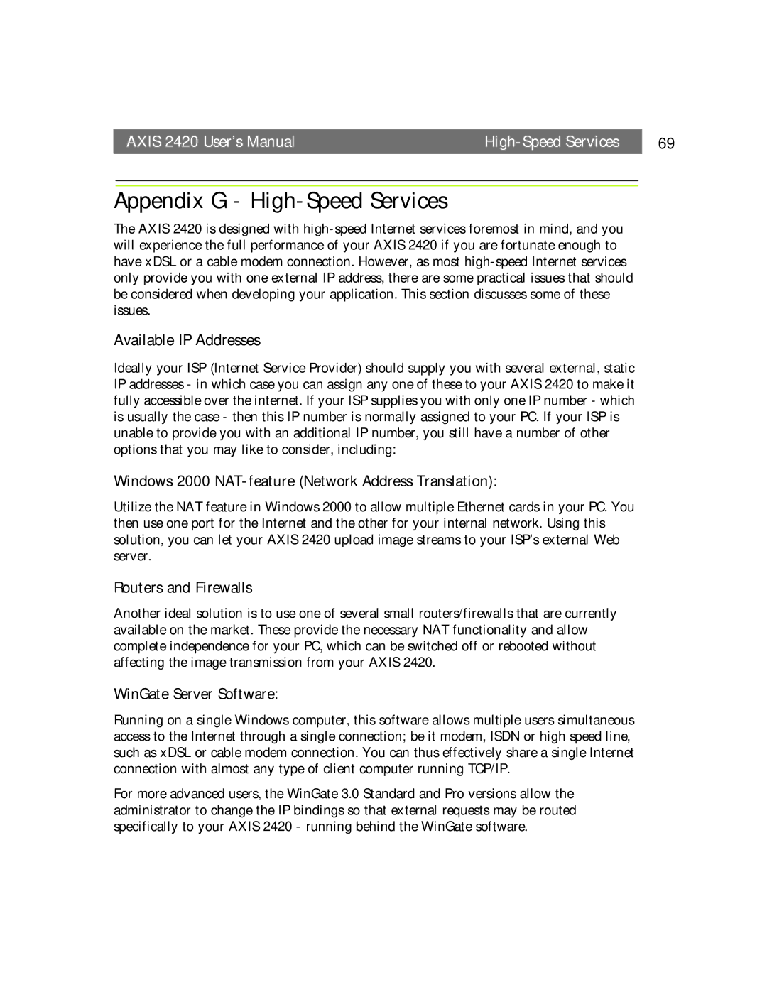 Axis Communications AXIS 2420 user manual Appendix G High-Speed Services, Available IP Addresses, Routers and Firewalls 