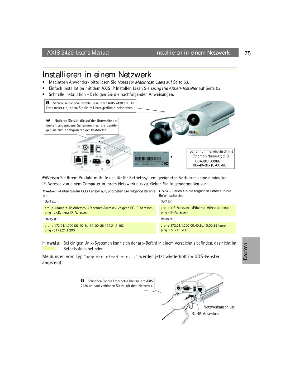 Axis Communications AXIS 2420 Installieren in einem Netzwerk, ❷ Notieren Sie sich die auf der Unterseite der, Beispiel 