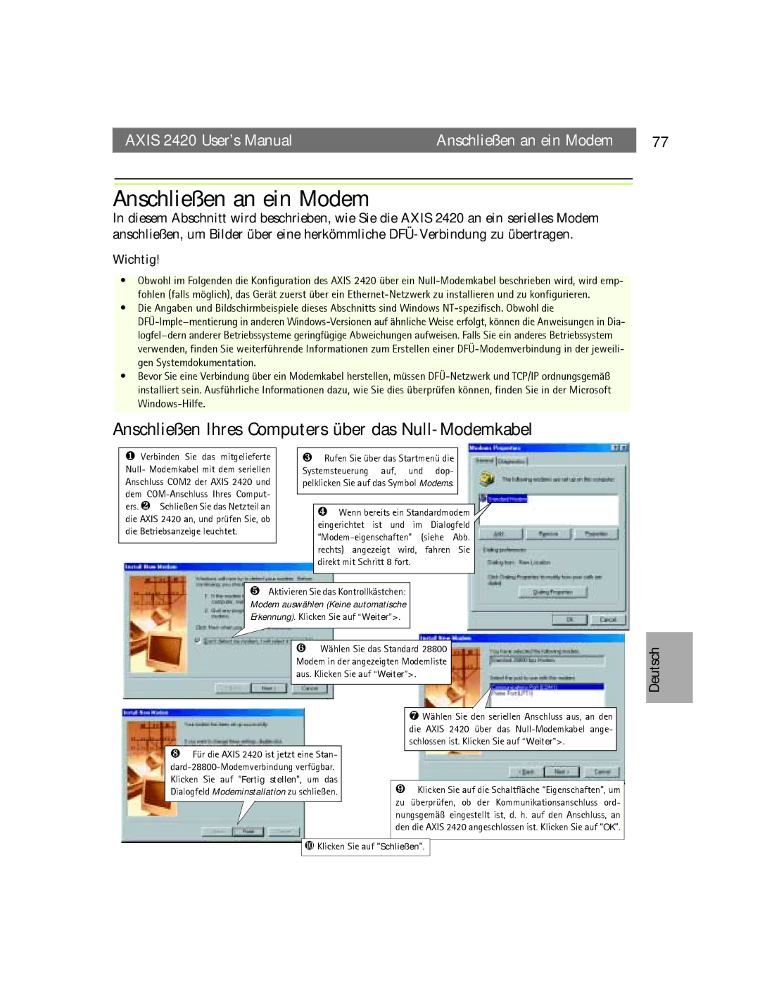 Axis Communications AXIS 2420 user manual Anschließen an ein Modem, Anschließen Ihres Computers über das Null-Modemkabel 