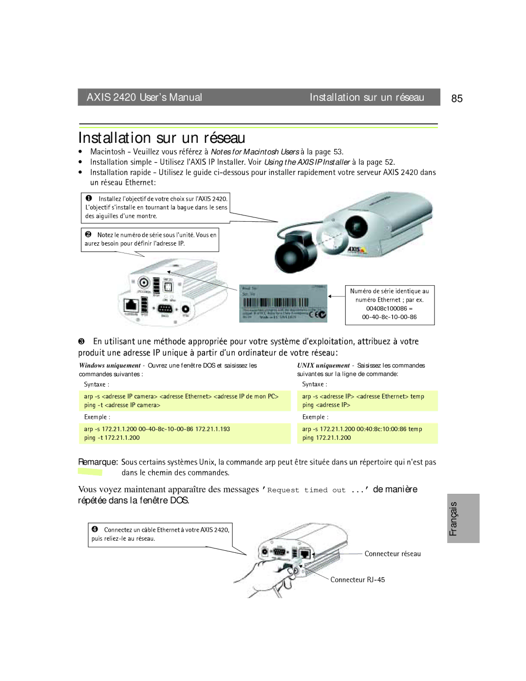 Axis Communications AXIS 2420 user manual Installation sur un réseau, Des aiguilles dune montre 