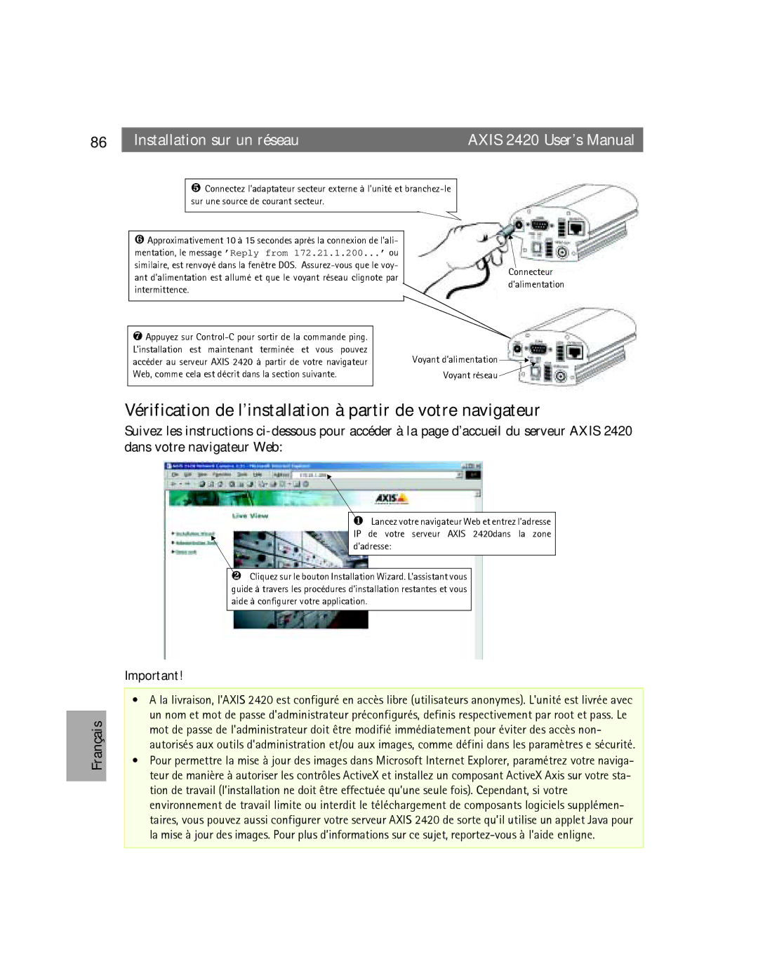 Axis Communications AXIS 2420 user manual Vérification de l’installation à partir de votre navigateur 