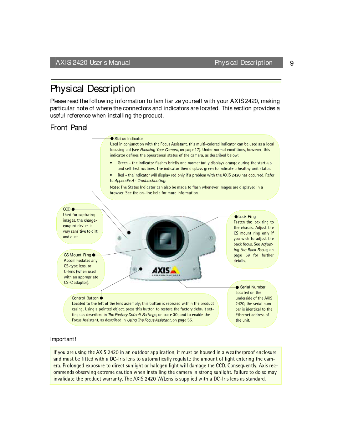 Axis Communications AXIS 2420 user manual Physical Description, Front Panel 